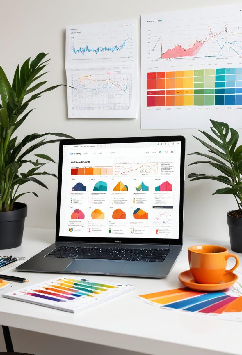 A modern, stylish workspace featuring a sleek laptop showcasing a visually stunning website design on its screen. Surround the laptop with UI/UX sketches, color swatches, and SEO strategy charts. Include a cup of coffee, a notepad, and some vibrant plants to bring the scene to life. super-realistic. vibrant colors. white background.