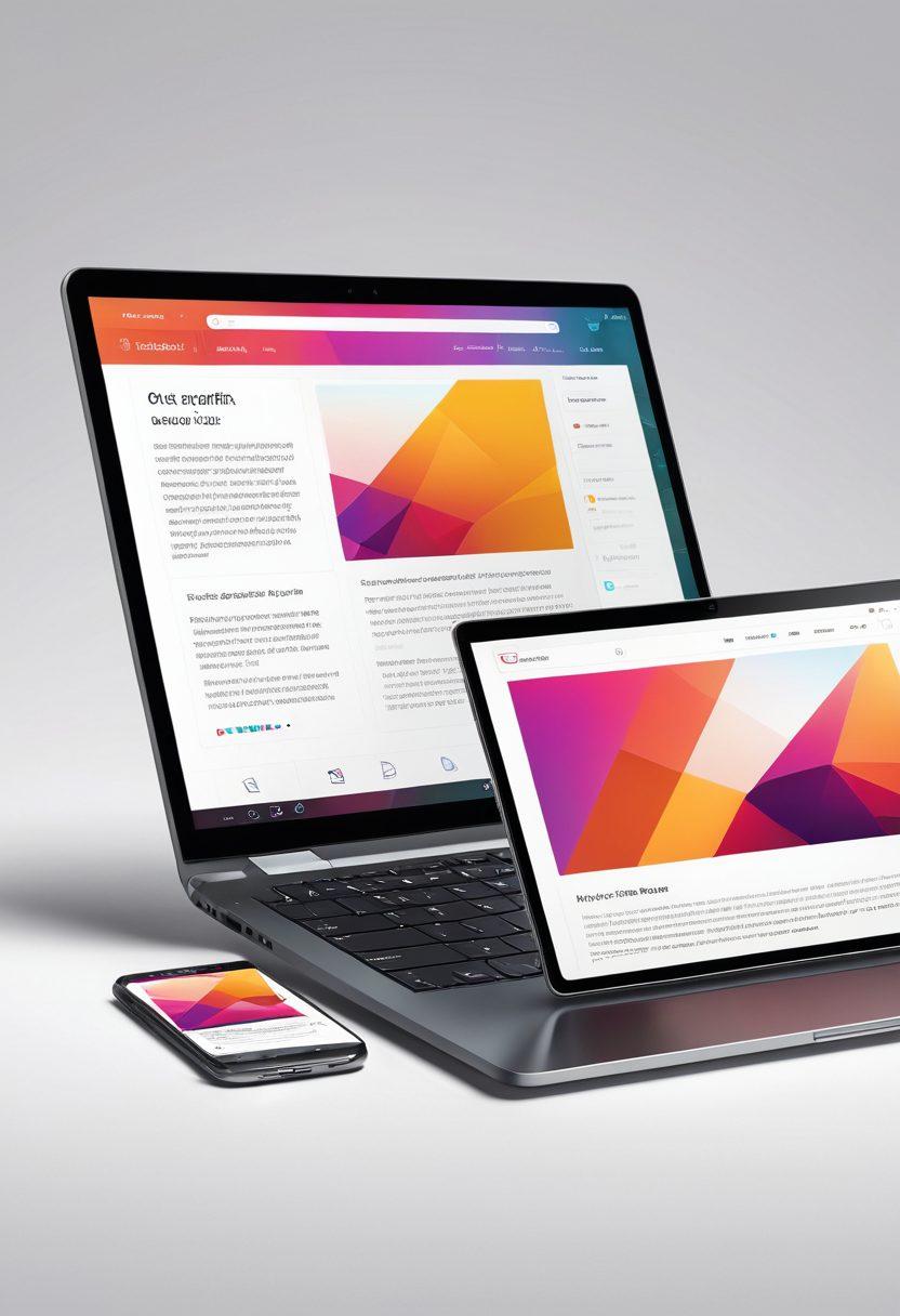 An eye-catching, modern website interface displayed on multiple devices including a laptop, tablet, and smartphone, showcasing sleek, futuristic design elements. The background features geometric shapes and subtle gradients to emphasize innovation. Include a spotlight effect highlighting the devices, with shimmering effects to represent cutting-edge technology. super-realistic. vibrant colors. white background.